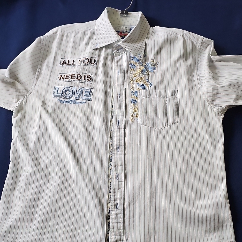 Striped White Short-Sleeve Shirt with Blue Embroidery